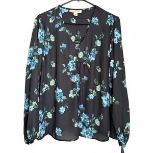 NEW Emaline Women's Blouse Size Large Black Floral Polyester Pleats Polyester